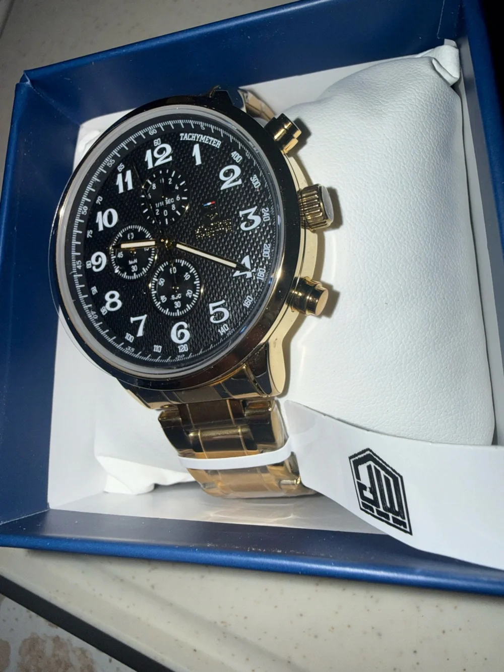 Men's Gold-Tone Chronograph Watch with Black Dial and Gold Bracelet